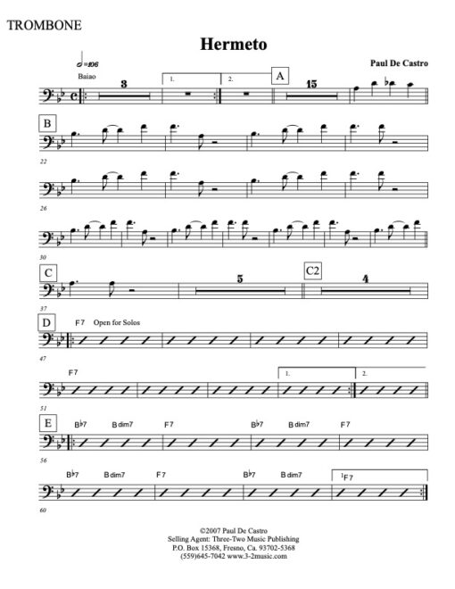 Hermeto trombone (Download) Latin jazz printed sheet music www.3-2music.com composer and arranger Paul De Castro combo (septet) instrumentation