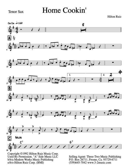 Home Cookin tenor (Download) Latin jazz sheet music www.3-2music.com composer and arranger Hilton Ruiz combo (septet) instrumentation