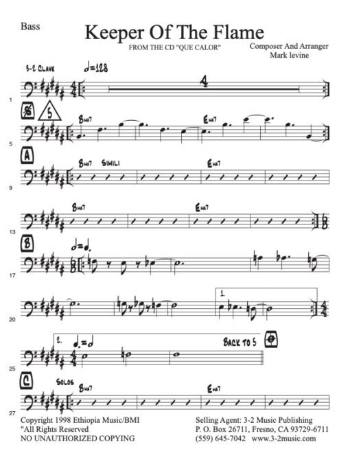 Keeper of the Flame bass (Download) Latin jazz printed sheet music www.3-2music.com composer and arranger Mark Levine combo (sextet) CD Que Calor