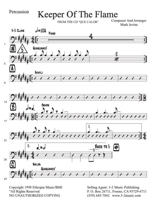 Keeper of the Flame percussion (Download) Latin jazz printed sheet music www.3-2music.com composer and arranger Mark Levine combo (sextet) CD Que Calor