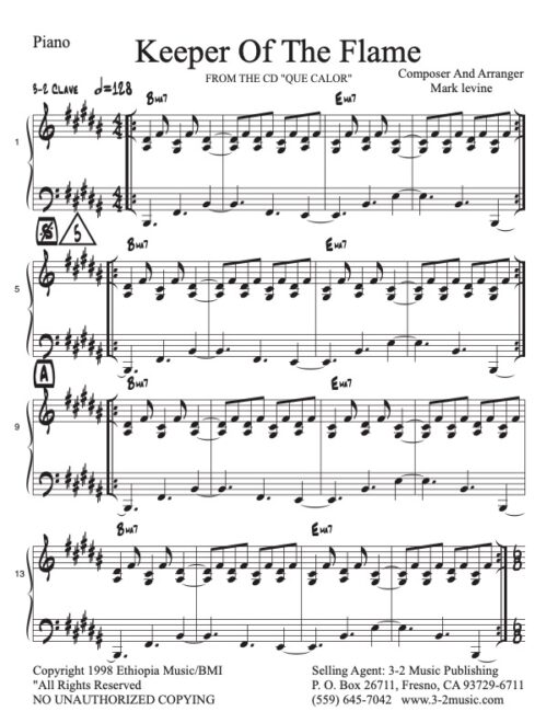 Keeper of the Flame piano (Download) Latin jazz printed sheet music www.3-2music.com composer and arranger Mark Levine combo (sextet) CD Que Calor