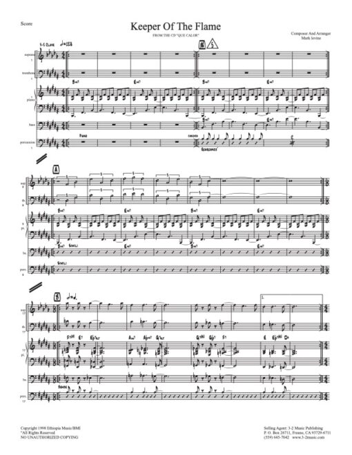 Keeper of the Flame score (Download) Latin jazz printed sheet music www.3-2music.com composer and arranger Mark Levine combo (sextet) CD Que Calor
