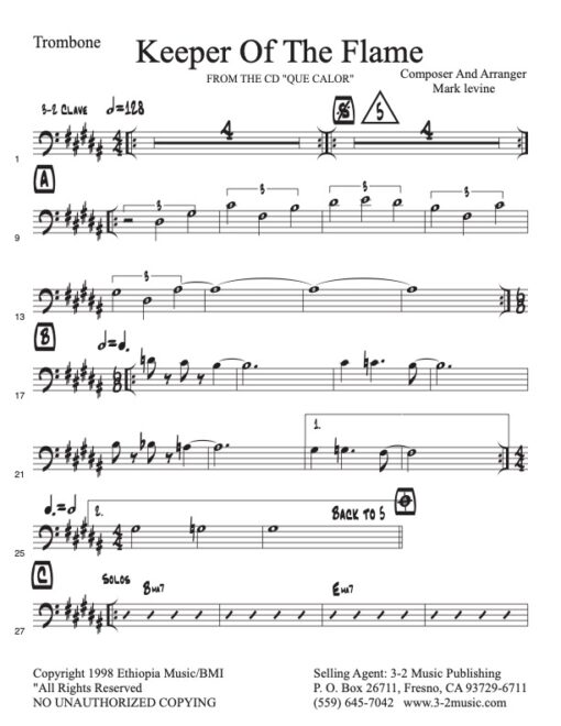 Keeper of the Flame trombone (Download) Latin jazz printed sheet music www.3-2music.com composer and arranger Mark Levine combo (sextet) CD Que Calor