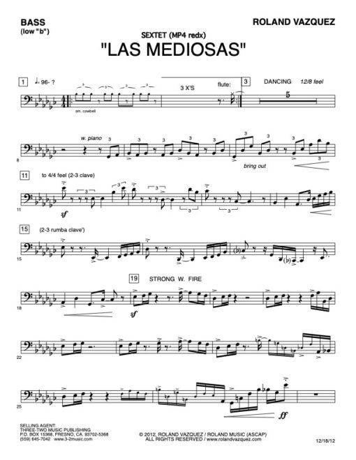 Las Mediosas bass (Download) Latin jazz printed sheet music www.3-2music.com composer Roland Vazquez big band 4-4-5 instrumentation