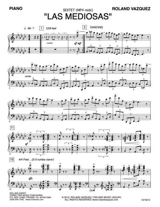 Las Mediosas piano (Download) Latin jazz printed sheet music www.3-2music.com composer Roland Vazquez big band 4-4-5 instrumentation