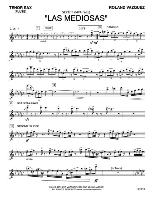 Las Mediosas tenor (Download) Latin jazz printed sheet music www.3-2music.com composer Roland Vazquez big band 4-4-5 instrumentation