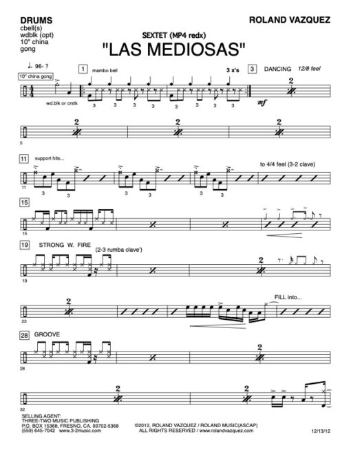Las Mediosas drums (Download) Latin jazz printed sheet music www.3-2music.com composer Roland Vazquez big band 4-4-5 instrumentation