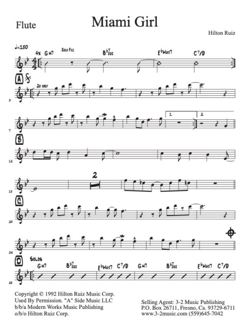 Miami Girl flute (Download) Latin jazz sheet music www.3-2music.com composer and arranger Hilton Ruiz combo (septet) instrumentation
