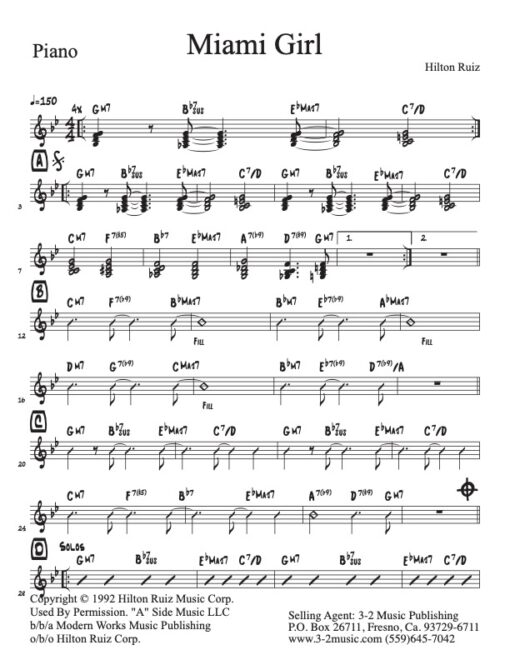 Miami Girl piano (Download) Latin jazz sheet music www.3-2music.com composer and arranger Hilton Ruiz combo (septet) instrumentation