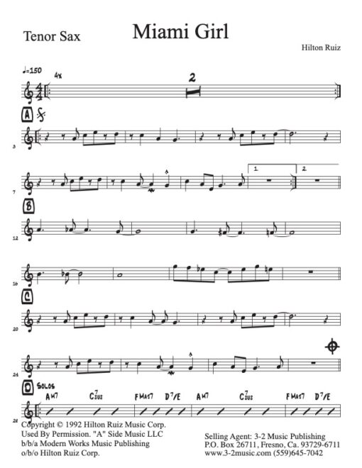 Miami Girl tenor (Download) Latin jazz sheet music www.3-2music.com composer and arranger Hilton Ruiz combo (septet) instrumentation