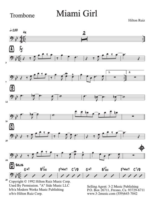 Miami Girl trombone (Download) Latin jazz sheet music www.3-2music.com composer and arranger Hilton Ruiz combo (septet) instrumentation