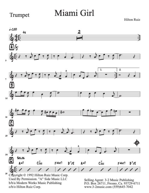 Miami Girl trumpet (Download) Latin jazz sheet music www.3-2music.com composer and arranger Hilton Ruiz combo (septet) instrumentation