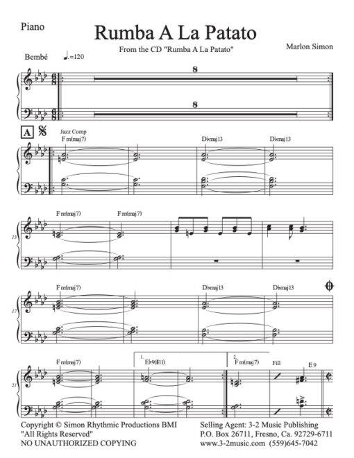 Rumba A La Patato piano (Download) Latin jazz printed sheet music www.3-2music.com composer and arranger Marlon Simon combo (sextet) instrumentation