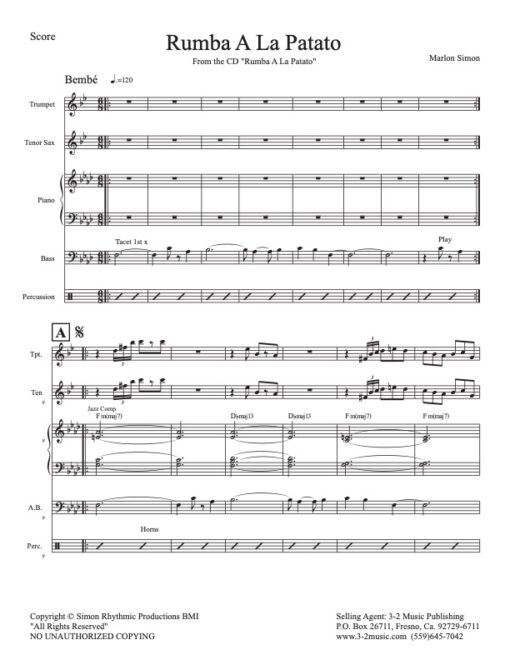 Rumba A La Patato score (Download) Latin jazz printed sheet music www.3-2music.com composer and arranger Marlon Simon combo (sextet) instrumentation