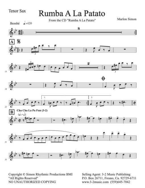 Rumba A La Patato tenor (Download) Latin jazz printed sheet music www.3-2music.com composer and arranger Marlon Simon combo (sextet) instrumentation