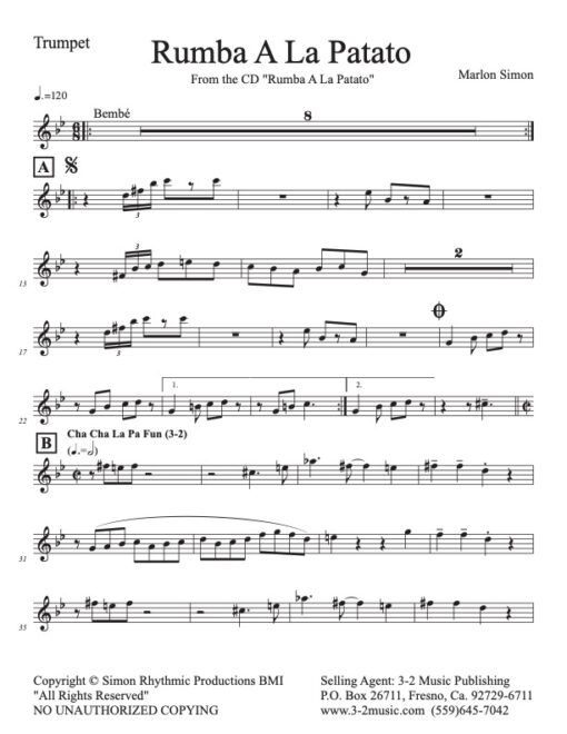 Rumba A La Patato trumpet (Download) Latin jazz printed sheet music www.3-2music.com composer and arranger Marlon Simon combo (sextet) instrumentation