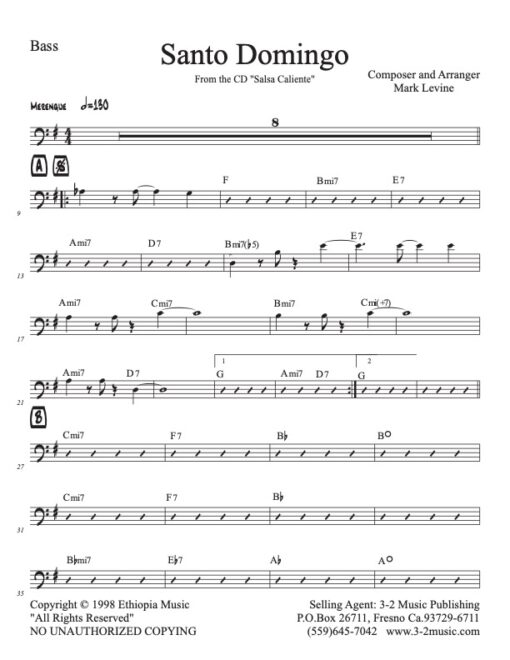 Santo Domingo bass (Download) Latin jazz printed sheet music www.3-2music.com composer and arranger Bobby Rodriguez combo (septet) instrumentation