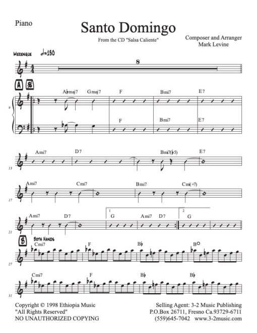 Santo Domingo piano (Download) Latin jazz printed sheet music www.3-2music.com composer and arranger Bobby Rodriguez combo (septet) instrumentation