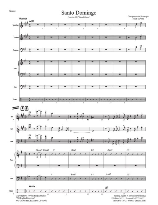 Santo Domingo score (Download) Latin jazz printed sheet music www.3-2music.com composer and arranger Bobby Rodriguez combo (septet) instrumentation