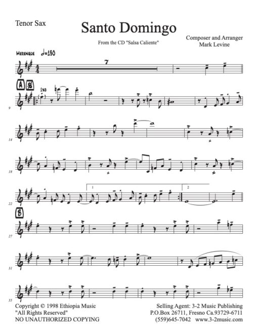 Santo Domingo tenor (Download) Latin jazz printed sheet music www.3-2music.com composer and arranger Bobby Rodriguez combo (septet) instrumentation
