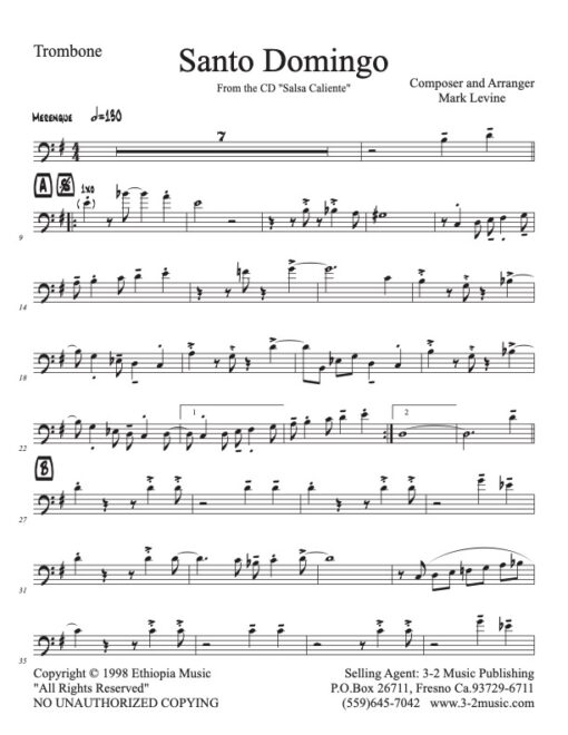 Santo Domingo trombone (Download) Latin jazz printed sheet music www.3-2music.com composer and arranger Bobby Rodriguez combo (septet) instrumentation