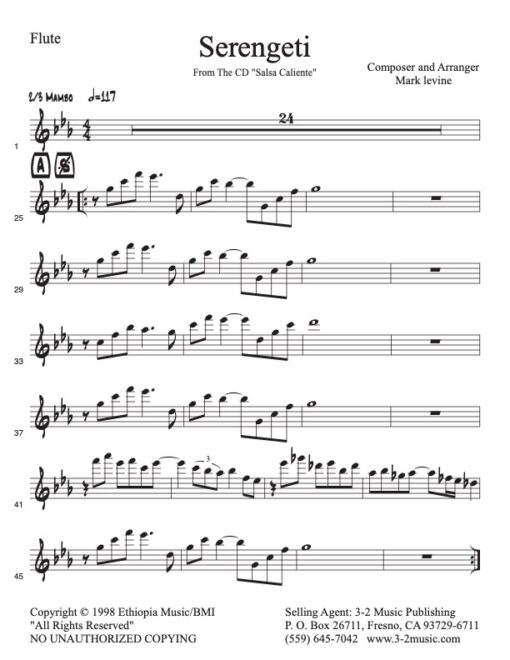 Serengeti flute (Download) Latin jazz printed sheet music www.3-2music.com composer and arranger Mark Levine combo (septet) CD Salsa Cliente