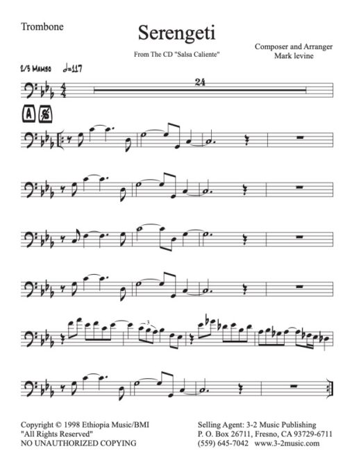 Serengeti trombone (Download) Latin jazz printed sheet music www.3-2music.com composer and arranger Mark Levine combo (septet) CD Salsa Cliente