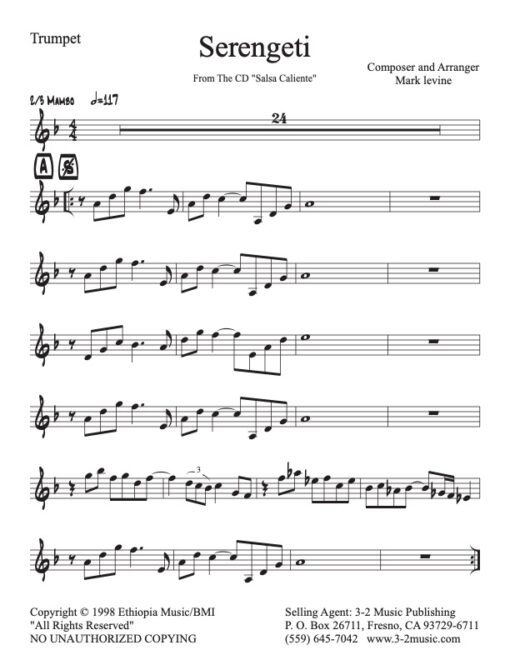 Serengeti trumpet (Download) Latin jazz printed sheet music www.3-2music.com composer and arranger Mark Levine combo (septet) CD Salsa Cliente