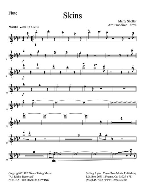 Skins flute (Download) Latin jazz printed sheet music www.3-2music.com composer and arranger Marty Sheller combo (septet) instrumentation