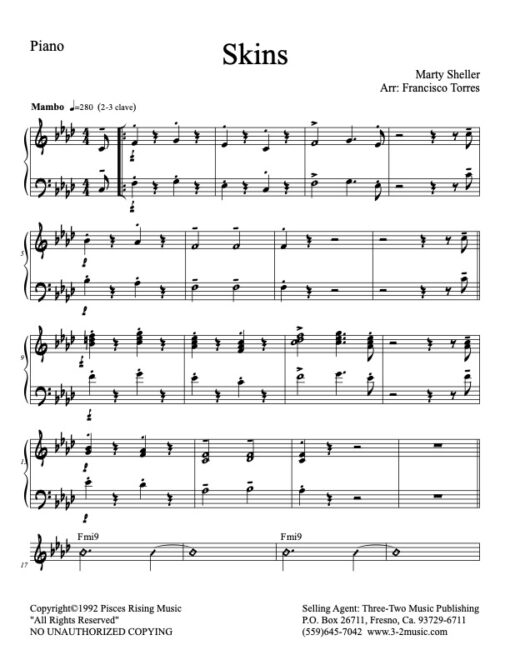 Skins piano (Download) Latin jazz printed sheet music www.3-2music.com composer and arranger Marty Sheller combo (septet) instrumentation