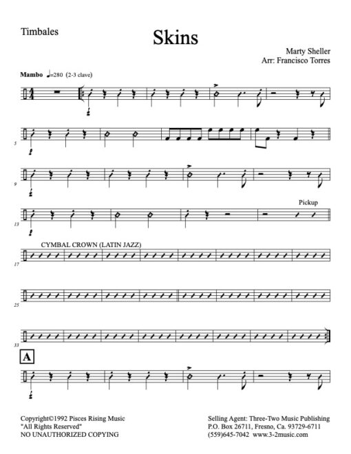 Skins timbales (Download) Latin jazz printed sheet music www.3-2music.com composer and arranger Marty Sheller combo (septet) instrumentation