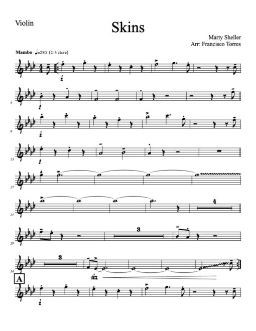 Skins violin (Download) Latin jazz printed sheet music www.3-2music.com composer and arranger Marty Sheller combo (septet) instrumentation