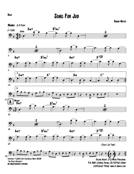 Song For Jud bass (Download) Latin jazz printed sheet music www.3-2music.com composer and arranger Bobby Matos combo (sextet) instrumentation