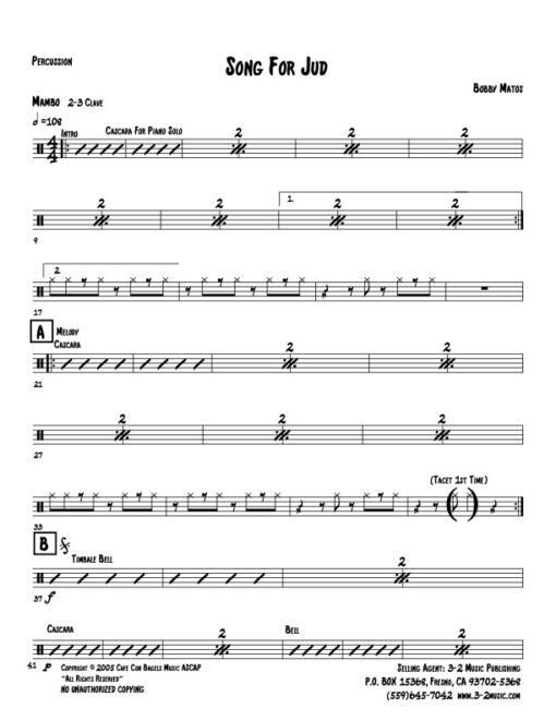 Song For Jud percussion (Download) Latin jazz printed sheet music www.3-2music.com composer and arranger Bobby Matos combo (sextet) instrumentation