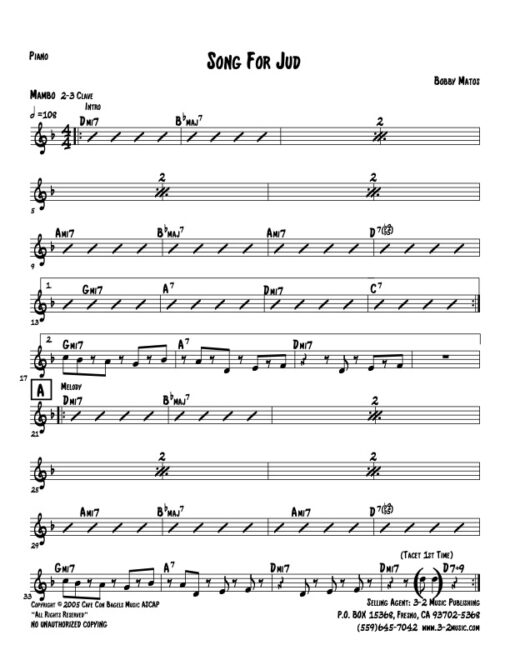 Song For Jud piano (Download) Latin jazz printed sheet music www.3-2music.com composer and arranger Bobby Matos combo (sextet) instrumentation