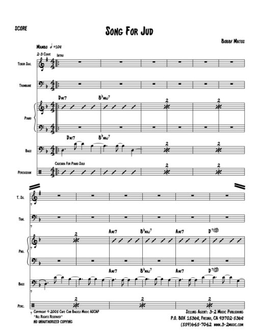 Song For Jud score (Download) Latin jazz printed sheet music www.3-2music.com composer and arranger Bobby Matos combo (sextet) instrumentation