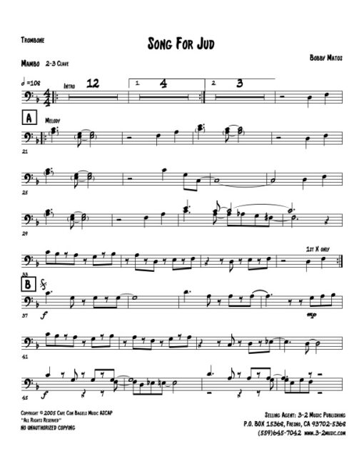 Song For Jud trombone (Download) Latin jazz printed sheet music www.3-2music.com composer and arranger Bobby Matos combo (sextet) instrumentation