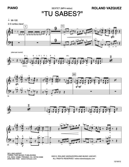Tu Sabes? piano (Download) Latin jazz printed sheet music www.3-2music.com composer and arranger Roland Vazquez combo (sextet) instrumentation