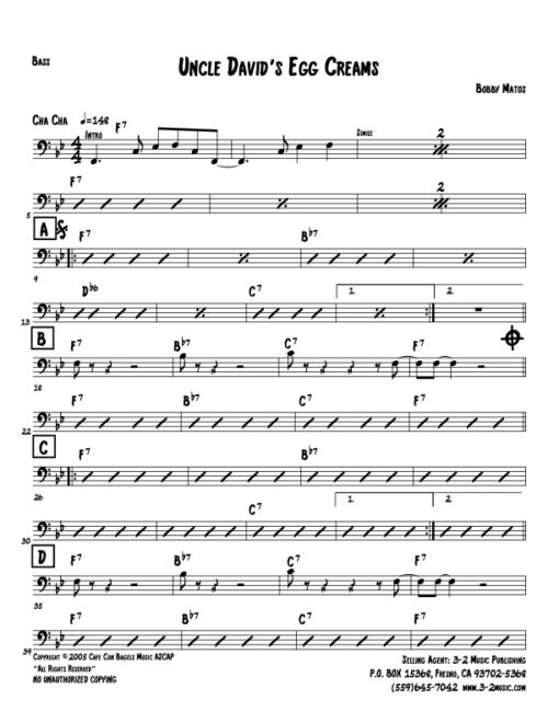 Uncle David's Egg Creams bass (Download) Latin jazz printed sheet music www.3-2music.com composer and arranger Bobby Matos combo (sextet)
