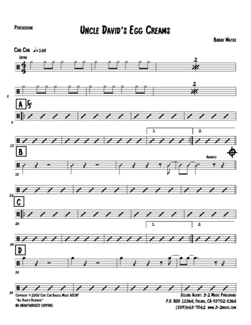 Uncle David's Egg Creams percussion (Download) Latin jazz printed sheet music www.3-2music.com composer and arranger Bobby Matos combo (sextet)