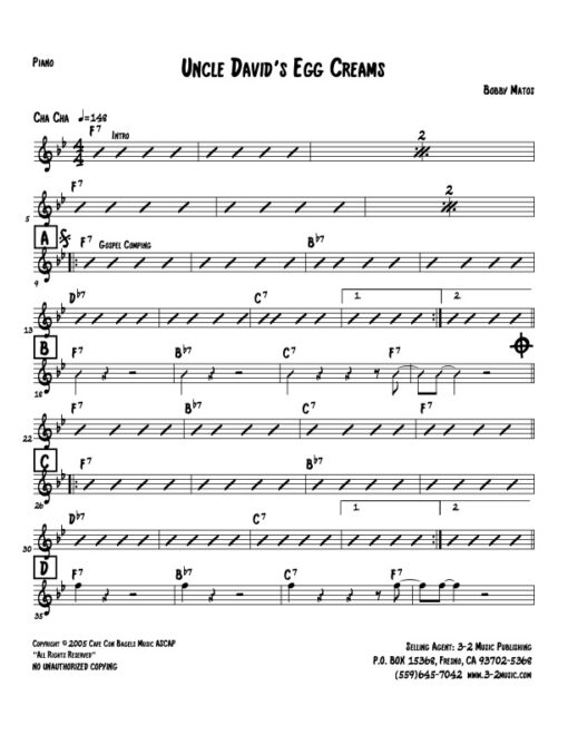 Uncle David's Egg Creams piano (Download) Latin jazz printed sheet music www.3-2music.com composer and arranger Bobby Matos combo (sextet)