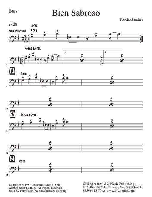 Bien Sabroso bass (Download) www.3-2music.com Latin jazz printed combo sheet music composer Poncho Sanchez trumpet tenor sax trombone rhythm