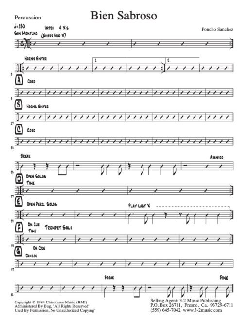 Bien Sabroso percussion (Download) www.3-2music.com Latin jazz printed combo sheet music composer Poncho Sanchez trumpet tenor sax trombone rhythm