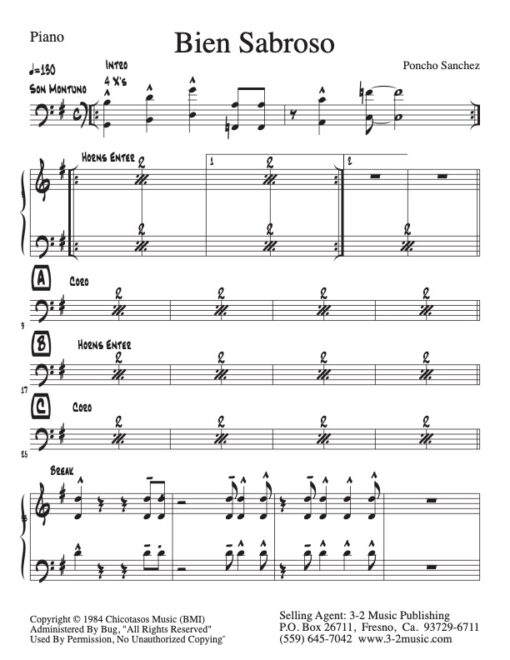 Bien Sabroso piano (Download) www.3-2music.com Latin jazz printed combo sheet music composer Poncho Sanchez trumpet tenor sax trombone rhythm