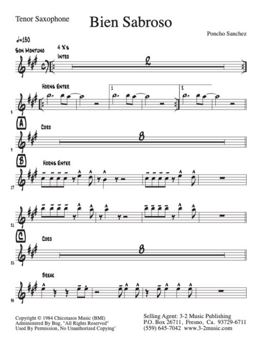Bien Sabroso tenor (Download) www.3-2music.com Latin jazz printed combo sheet music composer Poncho Sanchez trumpet tenor sax trombone rhythm