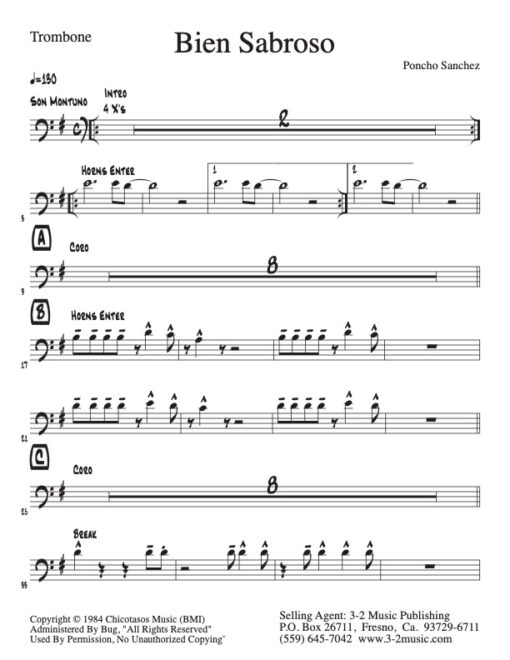 Bien Sabroso trombone (Download) www.3-2music.com Latin jazz printed combo sheet music composer Poncho Sanchez trumpet tenor sax trombone rhythm