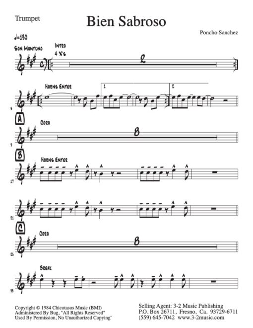 Bien Sabroso trumpet (Download) www.3-2music.com Latin jazz printed combo sheet music composer Poncho Sanchez trumpet tenor sax trombone rhythm