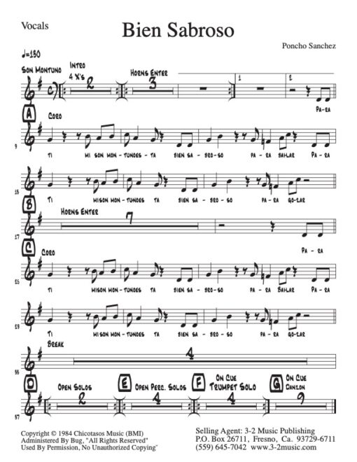 Bien Sabroso vocals (Download) www.3-2music.com Latin jazz printed combo sheet music composer Poncho Sanchez trumpet tenor sax trombone rhythm