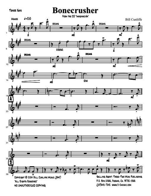 Bone Crusher V.1 tenor (Download) Latin jazz printed sheet music www.3-2music.com composer and arranger Bill Cunliffe combo (octet) instrumentation