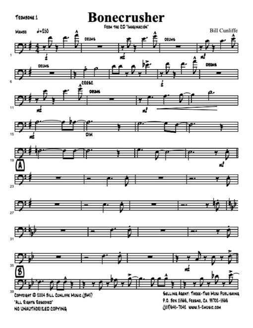 Bone Crusher V.1 trombone 1 (Download) Latin jazz printed sheet music www.3-2music.com composer and arranger Bill Cunliffe combo (octet) instrumentation